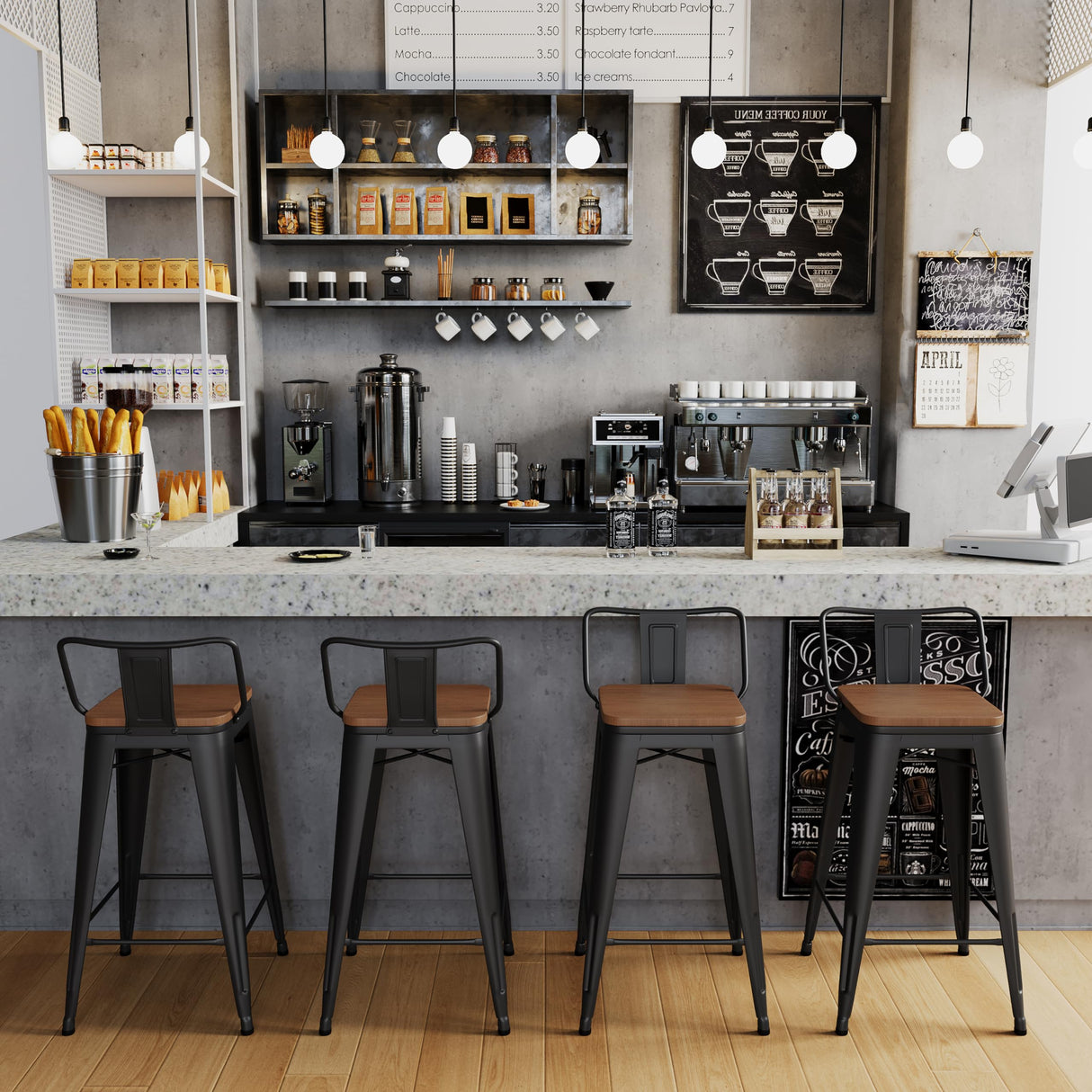 HAOBO Home 24" Low Back Metal Counter Stool Height Bar Stools with Wooden Seat [Set of 4] Barstools, Matte Black HAOBO Home