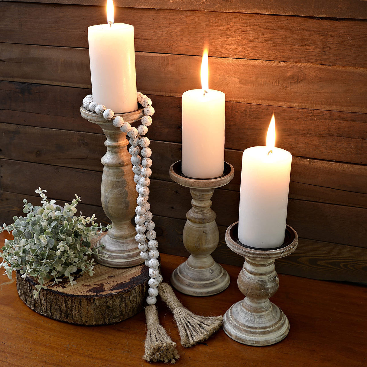 Candle Holders for Pillar Candles, Wooden Table Centerpiece, Set of 3, Wood Candle Holders, Rustic Pillar Candle Holder, Farmhouse Candle Holders Fireplace White MAINEVENT