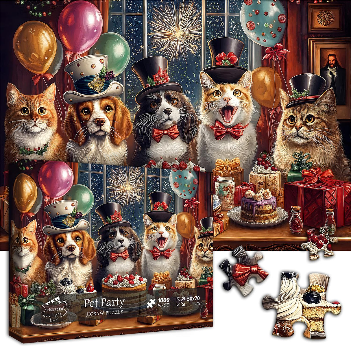 Dog Puzzles for Adults 1000 Pieces, Cat Jigsaw Puzzle Birthday Cake Puzzle Christmas, Funny Animal Puppy Kittens Puzzle, Holiday Jigsaw Puzzle PICKFORU