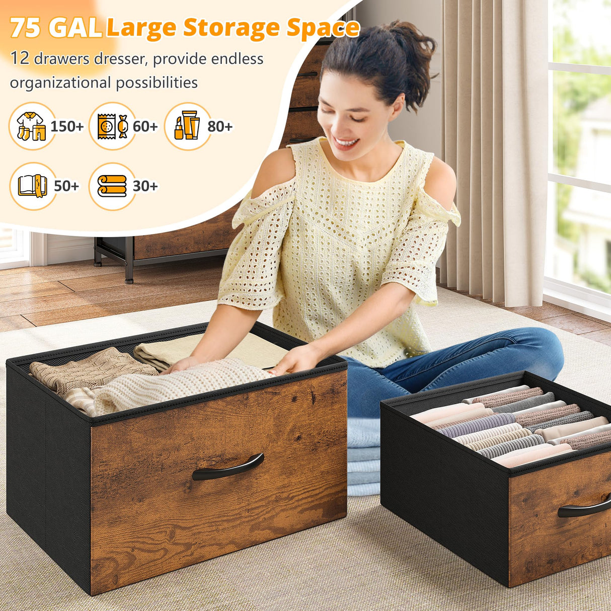 EnHomee Dresser for Bedroom with LED Lights, 12 Drawers Bedroom Dresser, Dresser and Tall Dresser with Open Shelves, Fabric Dressers & Chests of Drawers with Sturdy Metal Frame, Rustic Brown EnHomee