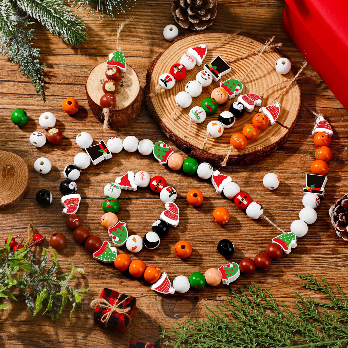 Cinnvoice 240 Pcs Christmas Wood Beads with Twine Santa Gingerbread Man Penguin Snowman Elf Wooden Beads Garland Christmas DIY Crafts Round for Xmas Winter Party Farmhouse Home Decor Cinnvoice