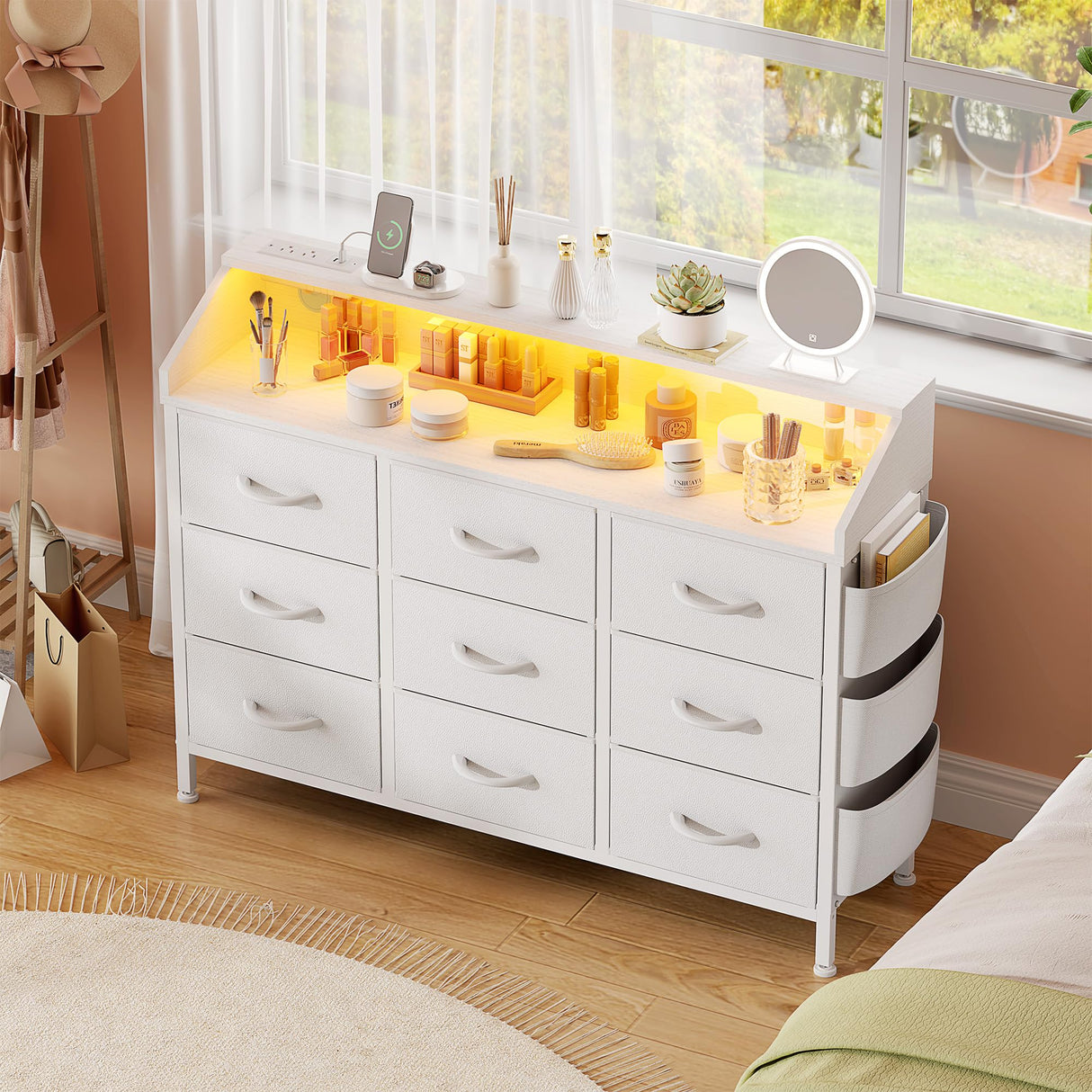 Lulive White Dresser for Bedroom 9 Drawers - Fabric Dressers for Bedroom with LED Light & Charging Station - Kids Adults Chest of Drawers for Living Room Hallway Closet Nursery (White) Lulive