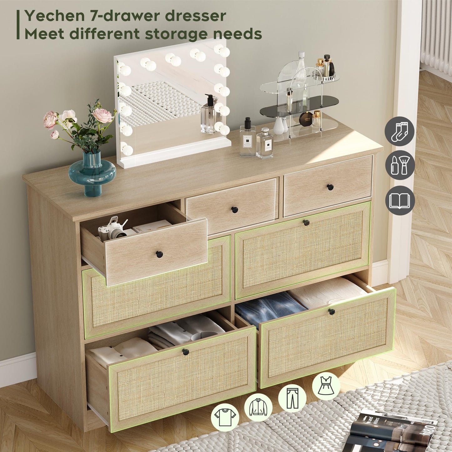 7 Drawers Natural Rattan Dresser for Bedroom, Mid Century Modern Dresser Wooden Cane Dressers with Elegant Tabletop, Boho Drawer Dresser TV Stand with Sturdy Base for Living Room, Kids Room, Nursury