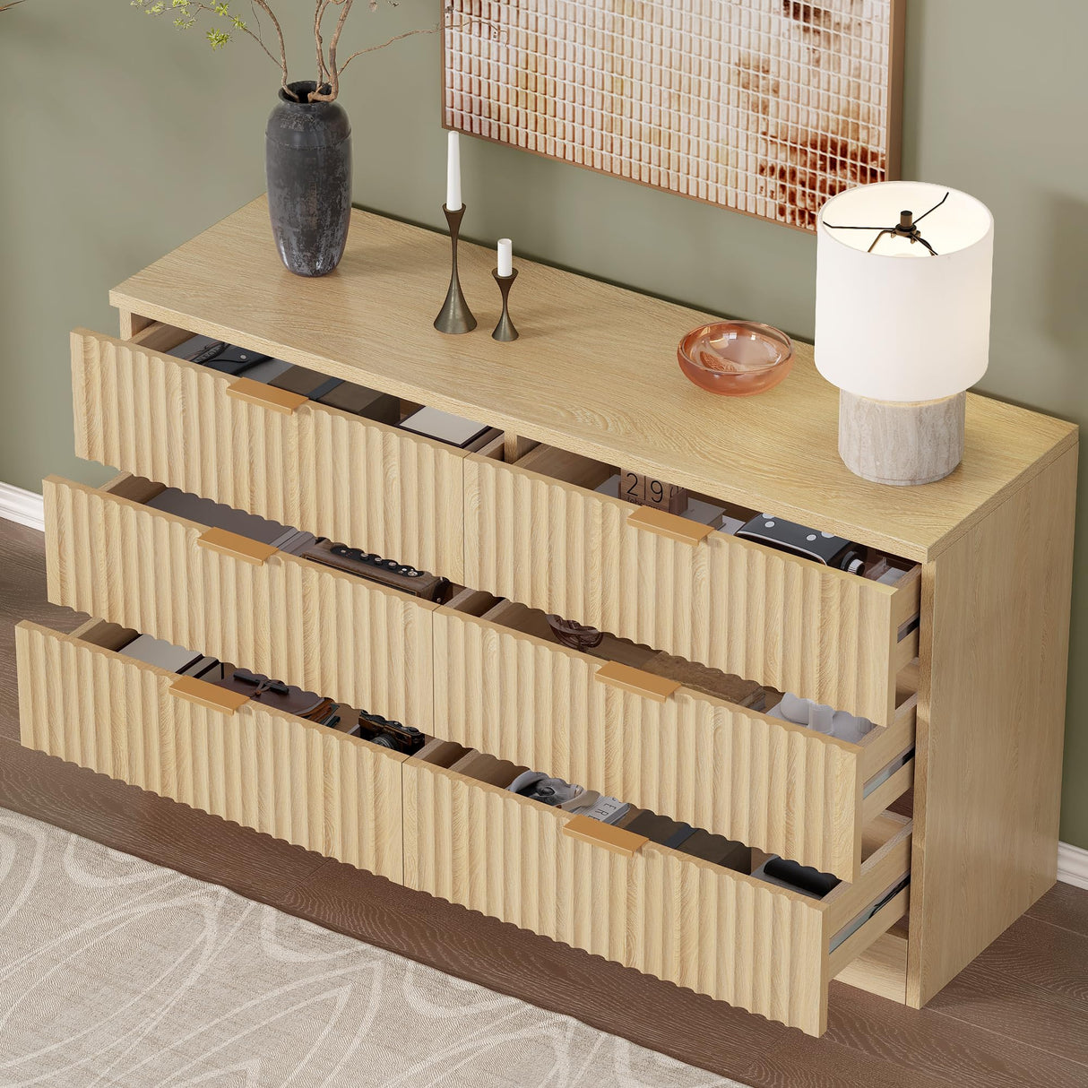 DWVO 6-Drawer Dressers, Chest of Drawers with Fluted Panel, Wide Versatile Storage Dresser Organizer for Living Room, Kitchen and Office, Natural DWVO