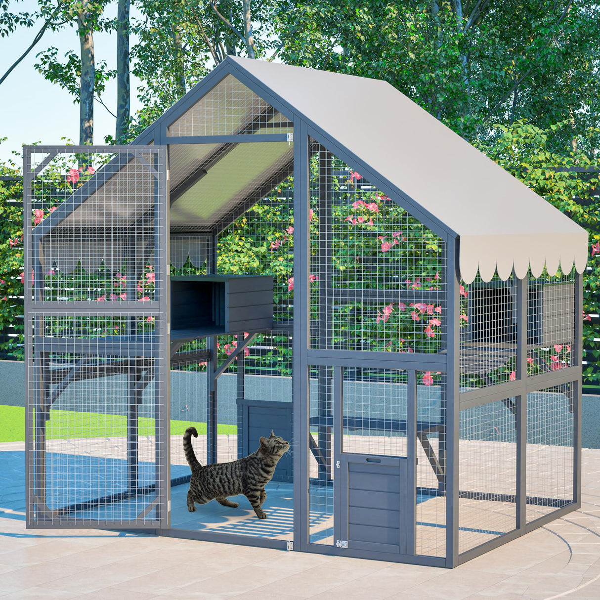 74" Large Wooden Outdoor Cat Catio Enclosure, 6×4ft Walk in Cats House Outside, Cat Shelter Kitty Cage with Sleeping Houses, Bridges, Walking Paths, 3 Doors, Weatherproof Cover Hohuqeri