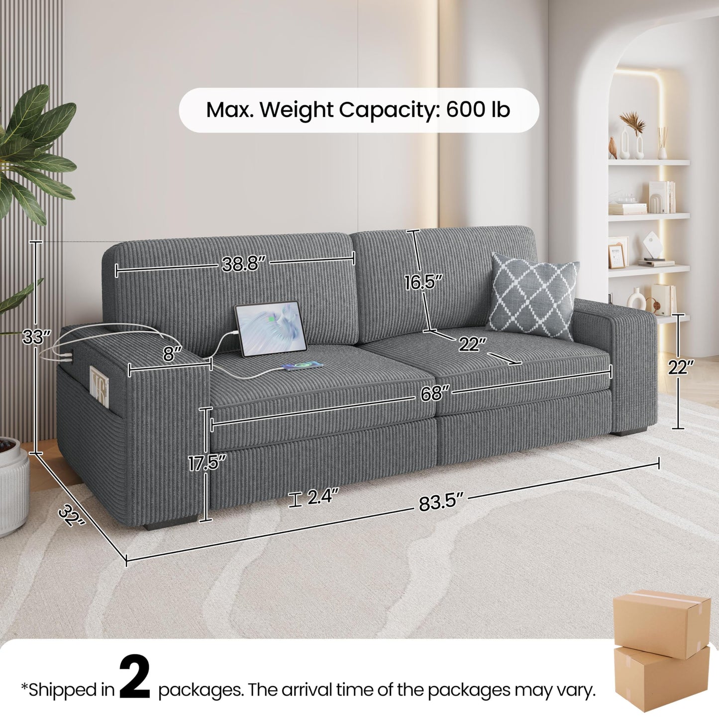 Yaheetech 83.5" W Modern Sofa Couch Corduroy Fabric Sofa with USB Charging Ports & Side Storage Pockets for Living Room Apartment, Dark Gray