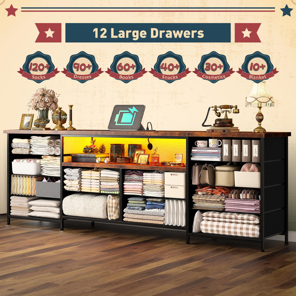 63" Long Dresser for Bedroom with 12 Fabric Drawers Entertainment Center with LED Lights & Power Outlets TV Stand for 70 Inch TV, Organizer for Bedroom, Rustic Brown Romorgniz