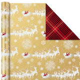 Hallmark Christmas Wrapping Paper Rolls - Traditional Holiday Gift Wrap Paper (Set of 3 Reversible Rolls: 120 sq. ft. ttl.) Red and Gold Snowflakes, Stripes, Plaid, Santa's Sleigh Hallmark