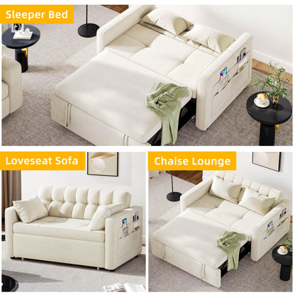 DWVO 55" Convetible Sofa Bed, Cat-Scratch-Proof Fabric Sleeper Sofa with Pull-Out Bed, 3-in-1 Futon Couch with Adjustable Backrest and Side Pocket, Modern Loveseat for Living Room, Beige, Full Size