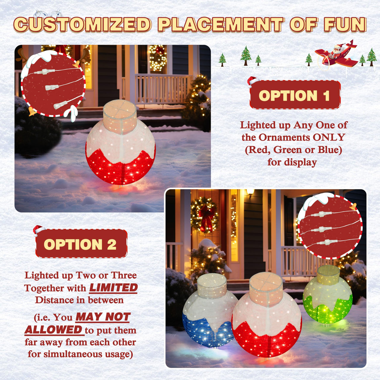 Yardenaler 3-Piece Pop-Up Christmas Ball Set with 90 LED Lights for Christmas Decoration, Pre-Lit Iridescent Christmas Ball Ornaments Decor with Base, 3D Glittered Standing Holiday Display for Outdoor Yardenaler