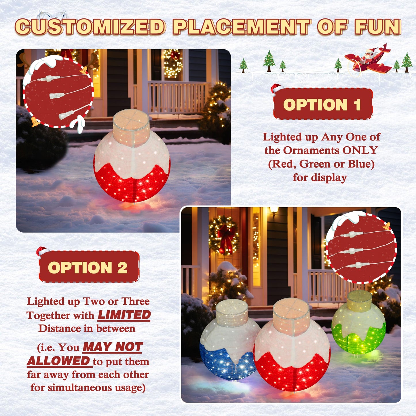 Yardenaler 3-Piece Pop-Up Christmas Ball Set with 90 LED Lights for Christmas Decoration, Pre-Lit Iridescent Christmas Ball Ornaments Decor with Base, 3D Glittered Standing Holiday Display for Outdoor