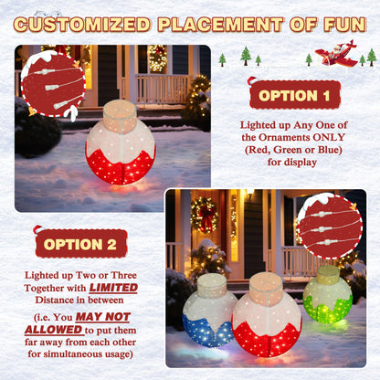 Yardenaler 3-Piece Pop-Up Christmas Ball Set with 90 LED Lights for Christmas Decoration, Pre-Lit Iridescent Christmas Ball Ornaments Decor with Base, 3D Glittered Standing Holiday Display for Outdoor