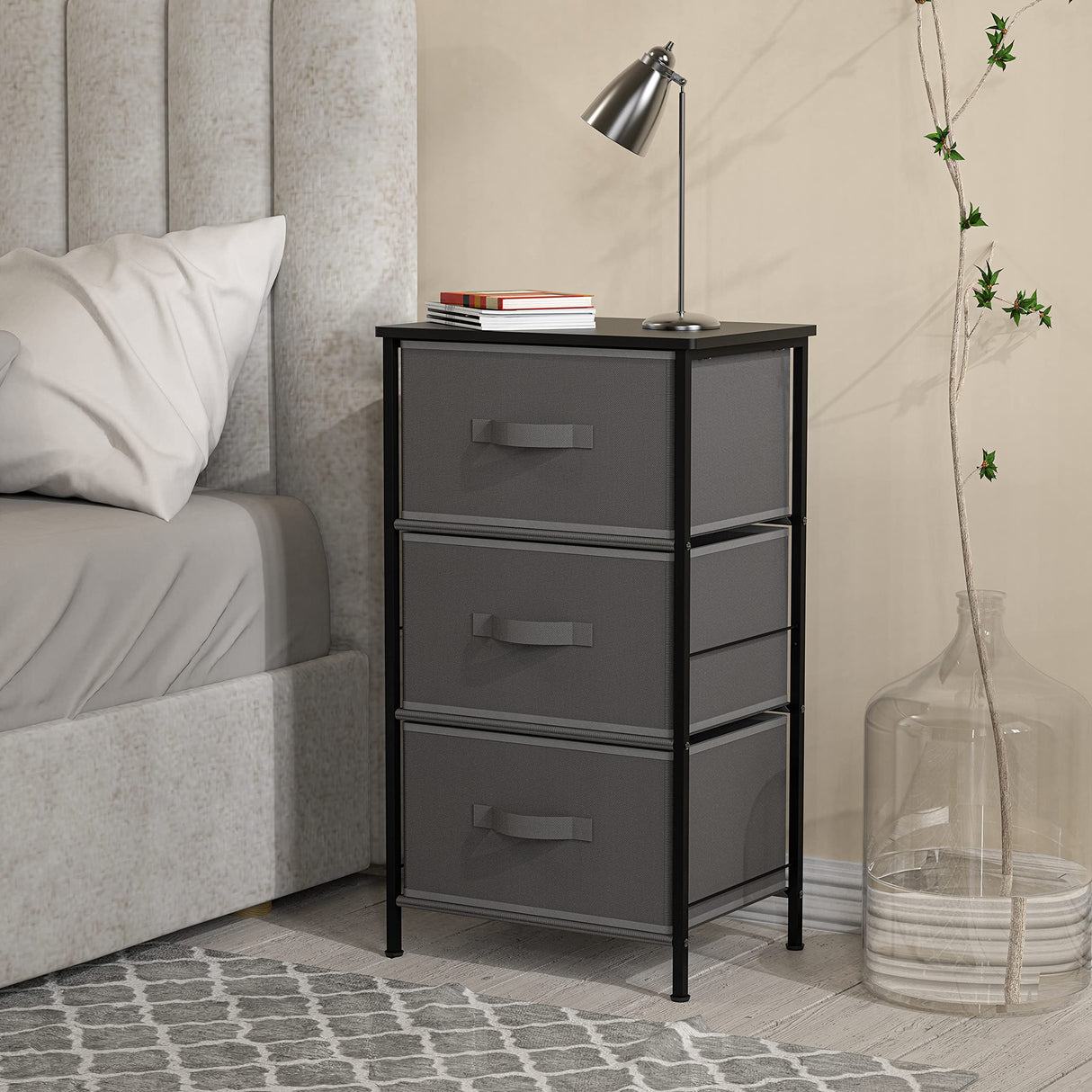 Simple Houseware 3 Drawer Nightstand Dresser with Wood Top, Dark Grey Simple Houseware