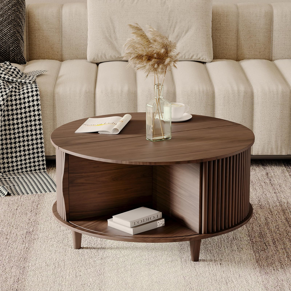 JOINICE,Round Coffee Table with Storage,Mid Century Modern Coffee Table with Sliding Cabinet Door,Coffee Table for Living Room,31.5" Small Center Table (Walnut) JOINICE