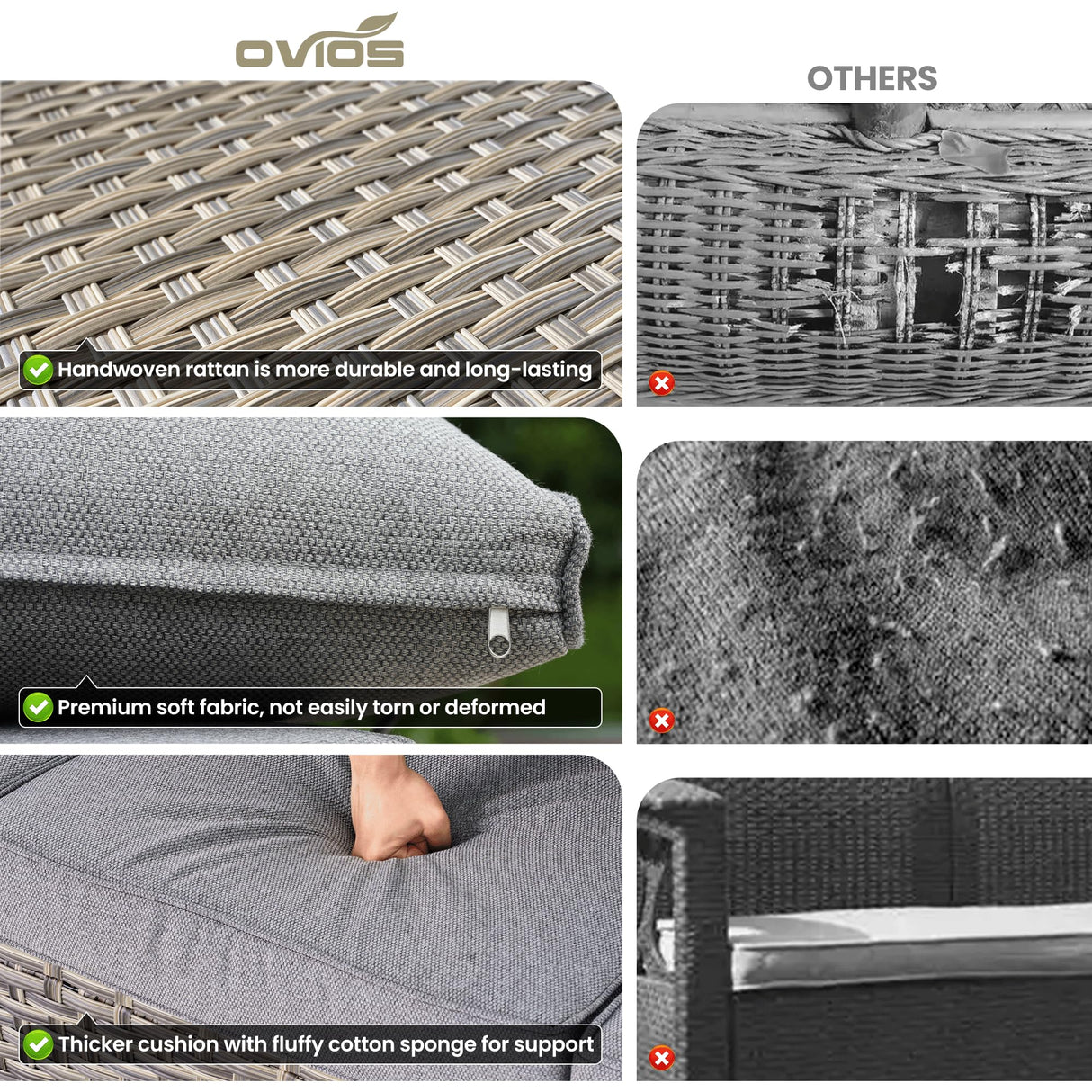 ovios 9 Pieces Patio Furniture Set Outdoor Sectional Sofa Couch with Fire Pit Table Rocking Swivel Chairs Deep Seat Chaise, Modern Modular Wicker Rattan Conversation Set, Dark Grey ovios