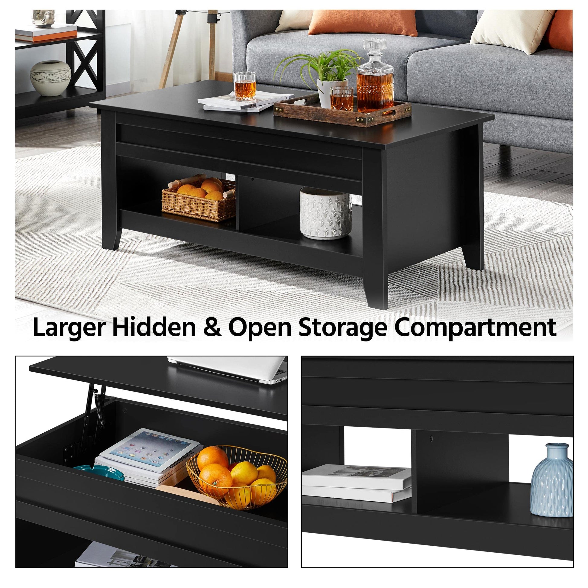 Yaheetech Black Coffee Table, Lift Top Coffee Table with Hidden Storage Compartment & Open Shelf, Lift Tabletop Pop-Up Coffee Table for Living Room Reception, 47.5inch L - WoodArtSupply