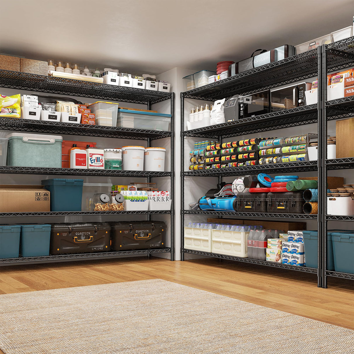 REIBII 85.7"H Storage Shelves 2998LBS Metal Shelving Units with Wheels&Feet, 5 Tier Garage Shelving Heavy Duty Adjustable Wire Shelf for Pantry Garage Commercial Industrials, 85.7"H X 55.5"W X 24.2"D REIBII