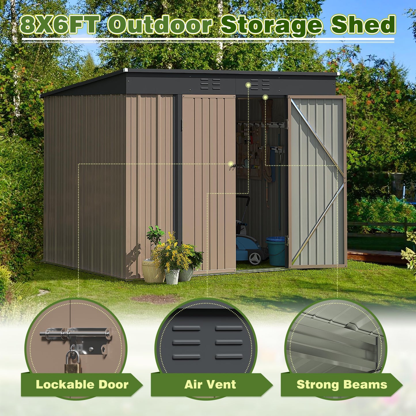 Greesum Outdoor Storage Shed 8FT x 6FT, Steel Utility Tool Shed Storage House with Door & Lock, Metal Sheds Outdoor Storage for Backyard Garden Patio Lawn, Brown