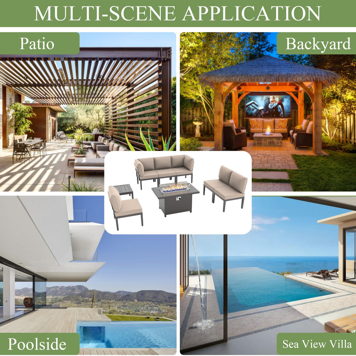 ALAULM 8 Pieces Metal Patio Furniture Set with Propane Fire Pit Table Metal Outdoor Furniture w/55000 BTU Fire Pit Patio Sectional Sofas w/5.1'' Sponge Cushions for Patio, Backyard, Poolside- Sand ALAULM