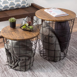 Lavish Home End Tables Set of 2 - Nesting Tables with Removable Wood Tops and Metal Basket Bases for Blanket Storage - Round Side Pieces for Living Room, Bedroom, or Home Office (Brown/Black) Lavish Home