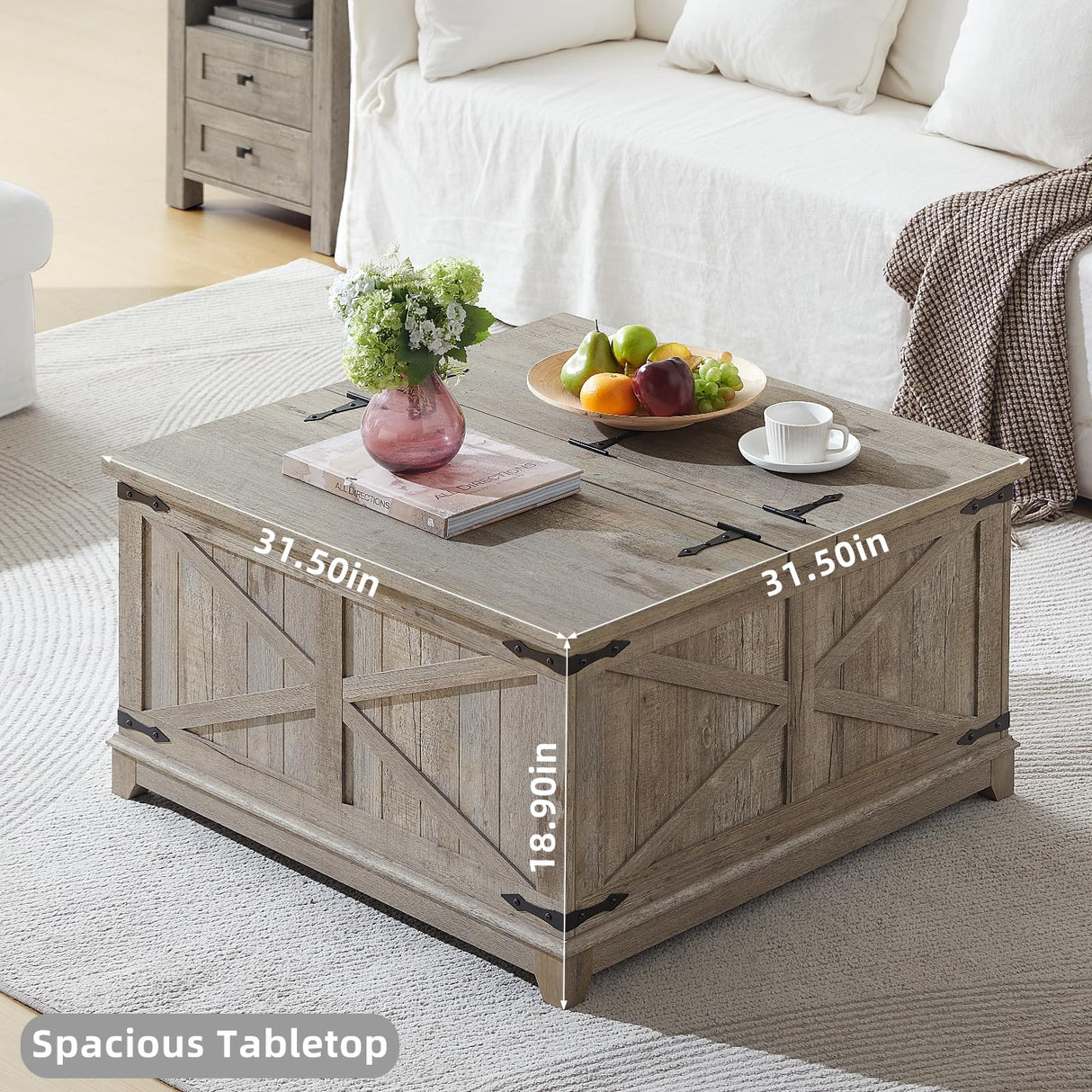 Joaxswe Farmhouse Coffee Table with Hidden Storage Organizer, Modern Square Large Center Table, Wood Farm House Low Rustic Light Oak Living Room Tables with Hinged Lift Top for Home, Office Joaxswe