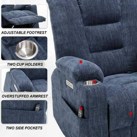 RHHVVR Power Lift Recliner Chair for Eldery, Chenille Electric Recliner Chairs with Massage and Heat, Remote Control Standing Assistance Lay Flat Recliner Sofa for Living Room Medium-Firm,Blue RHHVVR
