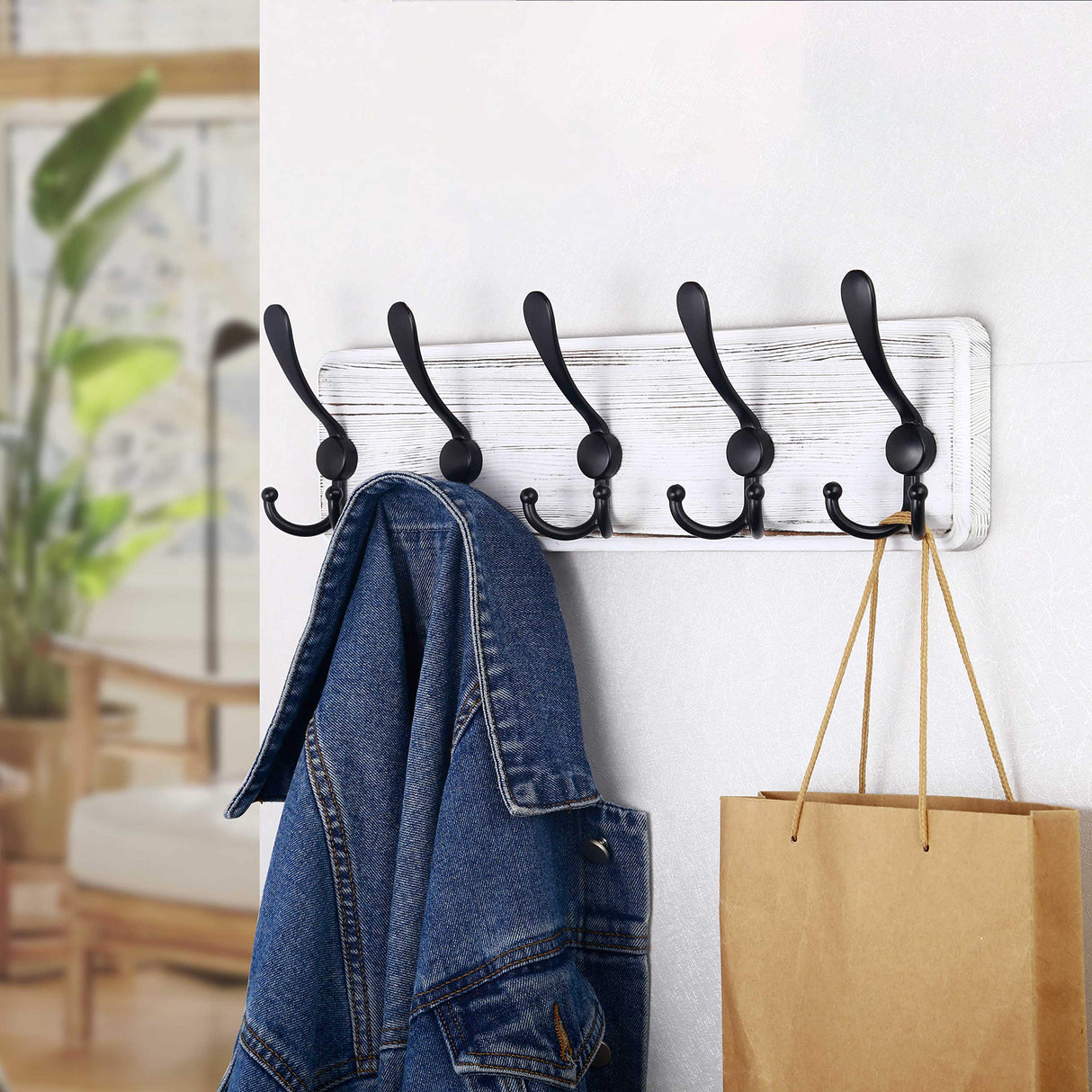 SKOLOO Rustic Wall Mounted Coat Rack: Pine Real Wood Plank Wall Coat Rack with 5 Triple Hooks, Farmhouse Coat Hanger Wall Mount for Hanging Backpack Jacket Coat Hat,Pack of 2 SKOLOO