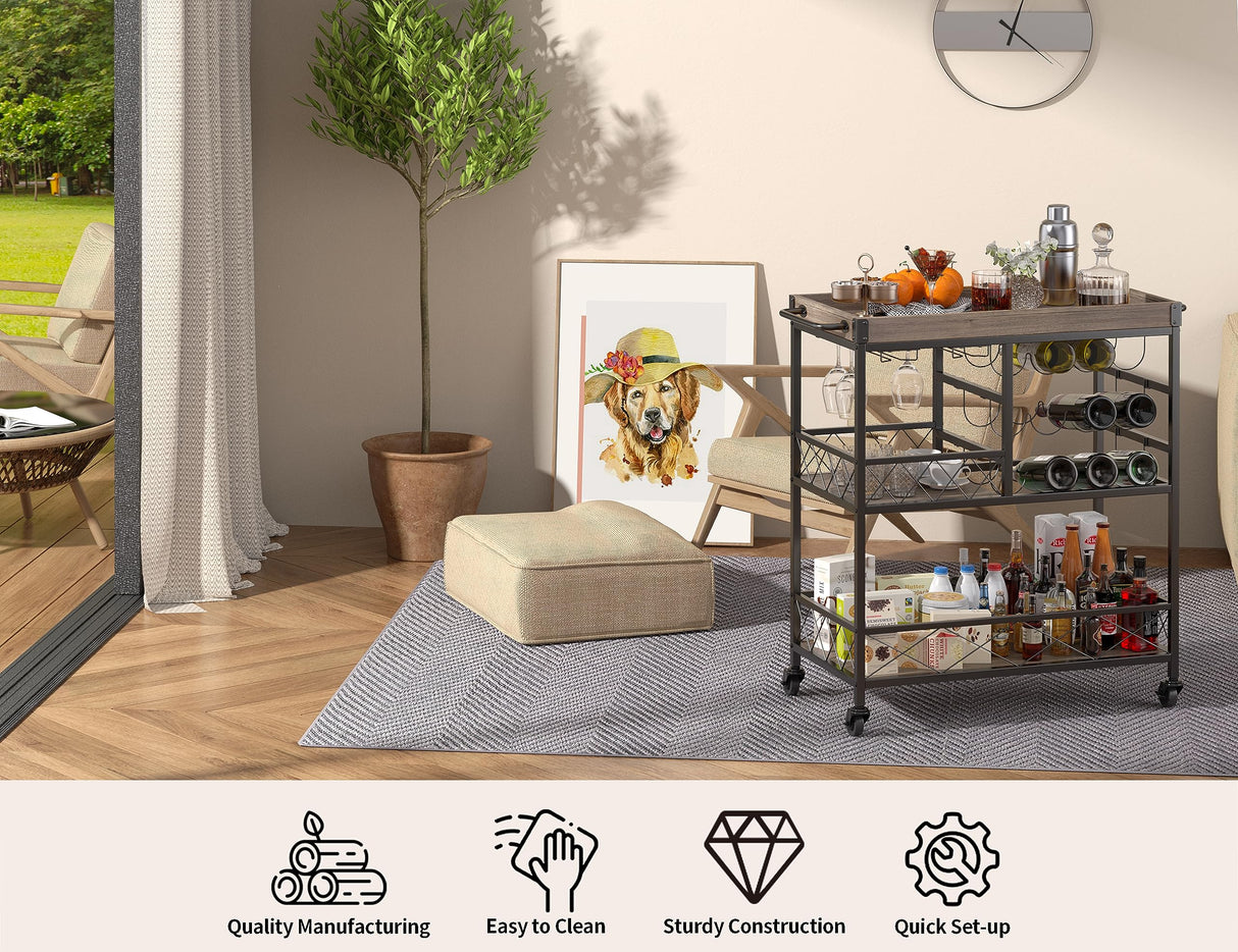 Gizoon 3 Tier 38" Home Bar Serving Cart with Large Storage Space, Mobile Kitchen Storage Trolley with Lockable Wheels, 12 Wine Rack, Glass Holder, Removable Tray (Gray) Gizoon