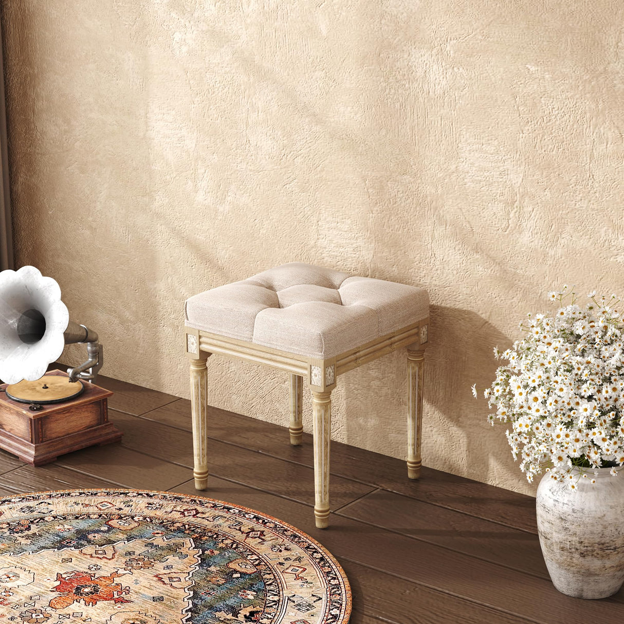 Yusong Vanity Stool Upholstered Bench Seat for Makeup Room, Vintage Small Bedroom Bench Dining Bench with Tufted Fabric for Living Room, Piano Stool with Rustic Wood, Easy Assemble,Beige Yusong