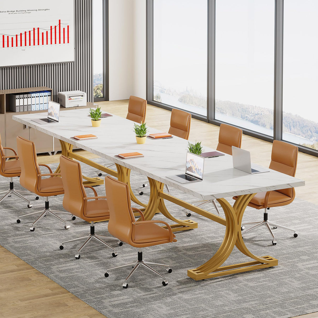 Tribesigns 10.5FT Conference Table, Modern Meeting Table for 8-10 People, Rectangle Seminar Boardroom Table for Office Conference Room with Stylish Legs (2, White + Gold) Tribesigns
