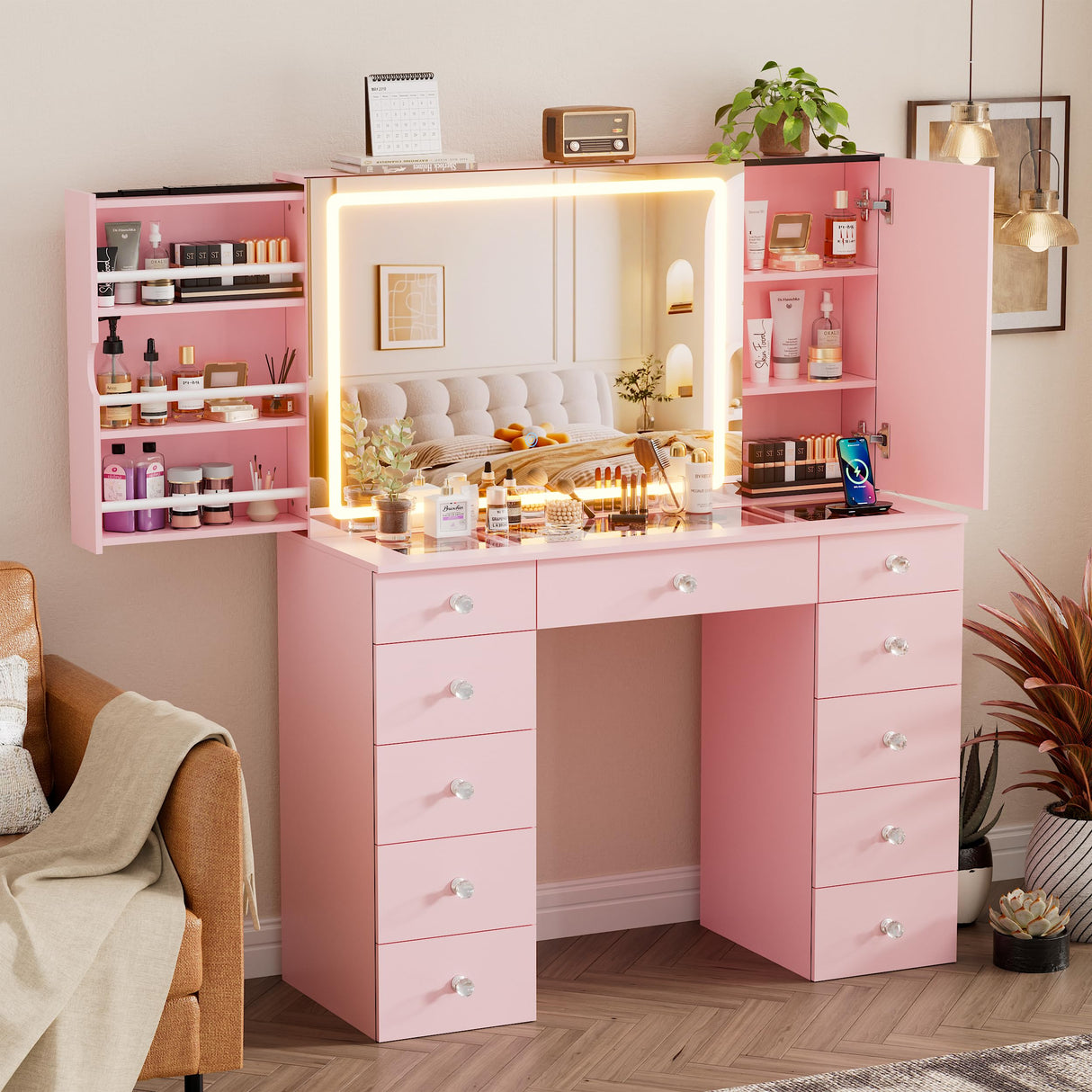 SDMY 46" Makeup Vanity with Large LED Mirror, Glass Tabletop Vanity Desk, 11 Storage Drawers, Hidden Storage Behind Mirror, Charging Station, Bedroom Vanity with Mirrored Cabinet (Pink) SDMY