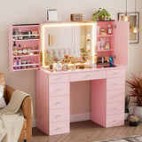 SDMY 46" Makeup Vanity with Large LED Mirror, Glass Tabletop Vanity Desk, 11 Storage Drawers, Hidden Storage Behind Mirror, Charging Station, Bedroom Vanity with Mirrored Cabinet (Pink) SDMY