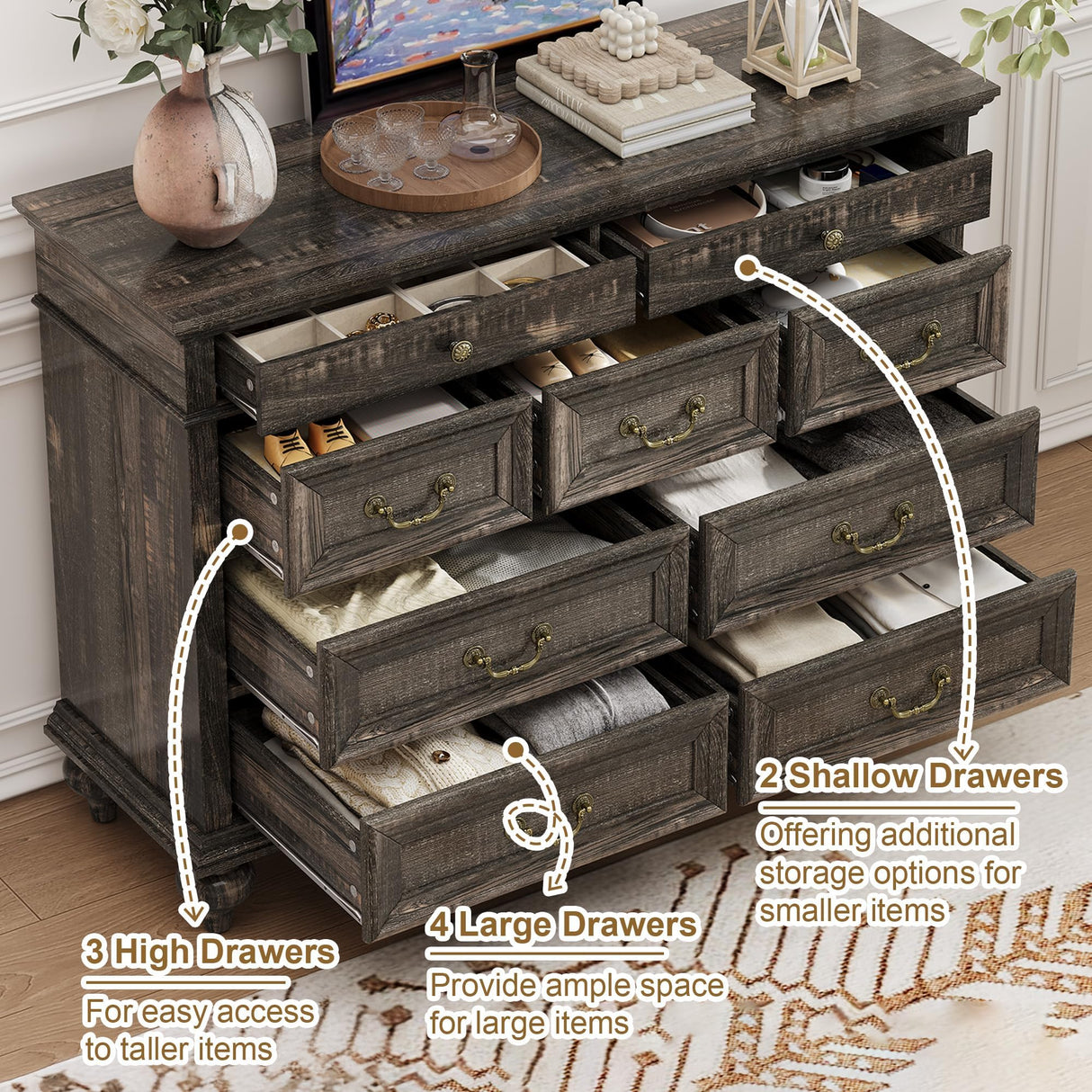 Yechen Farmhouse 9 Drawer Dresser for Bedroom - 47" Wide Modern Chest of Drawers, Rustic Thickened Wooden Dressers, Dressers Organizer for Living Room, Bedroom, Hallway Yechen