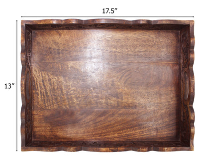 Hand Carved Wooden Serving Tray - Decorative Breakfast Tray with Handles - Rustic Wooden Food Tray with Intricate Detail - Unique Furnishing Accent - Natural Finish - 17 x 13 x 2.5 Inch - COTTON CRAFT