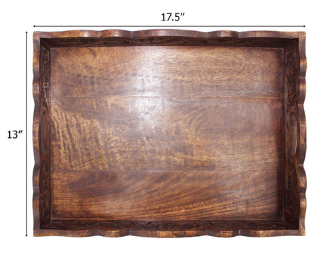 Hand Carved Wooden Serving Tray - Decorative Breakfast Tray with Handles - Rustic Wooden Food Tray with Intricate Detail - Unique Furnishing Accent - Natural Finish - 17 x 13 x 2.5 Inch - COTTON CRAFT COTTON CRAFT