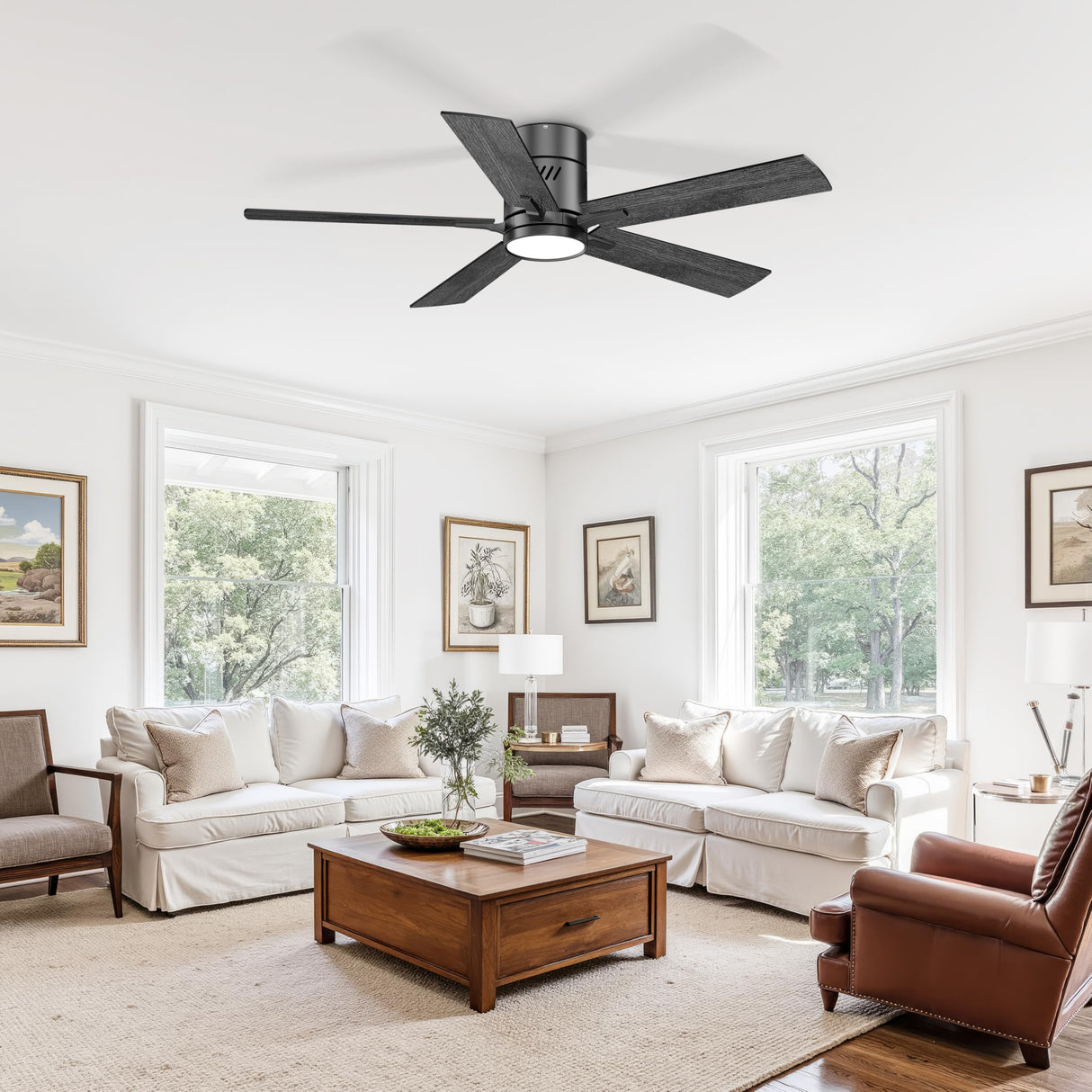 Ohniyou Ceiling Fan with Lights, 48" Flush Mount Ceiling Fan with Light and Remote, Low Profile, Reversible Motor, Dimmable for Bedroom Living Room, Walnut Ohniyou