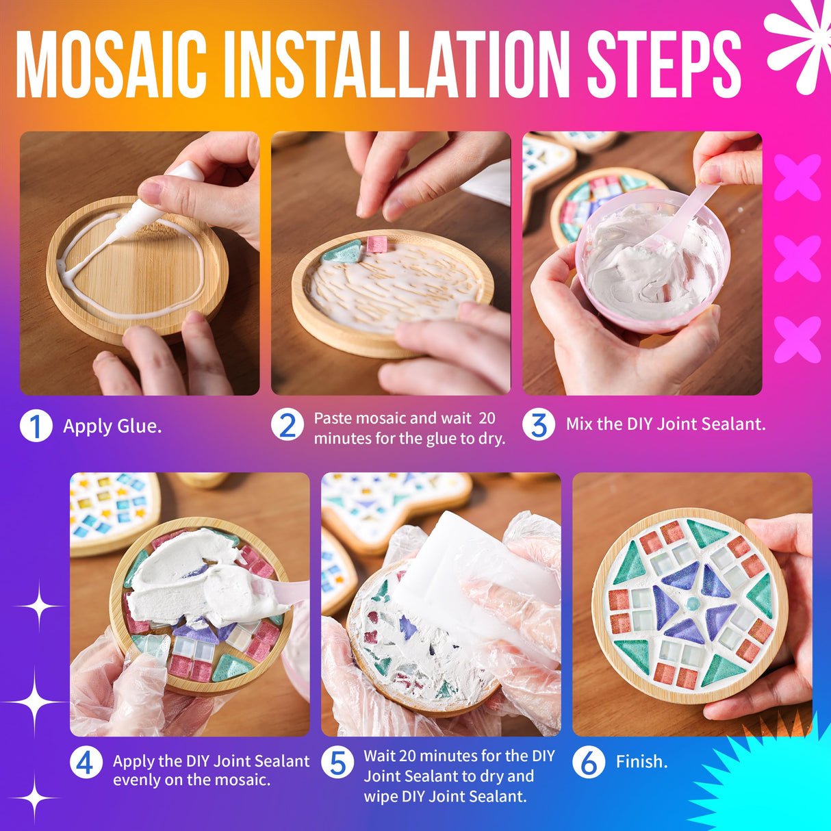 Joyclub 4 Sets DIY Glass Mosaic Tiles for Crafts Mosaic Kits for Adults and Kids with Wooden Coasters for Drinks Tray Creative Handmade Making Supplies Home Decor Art Christmas Gifts Joyclub