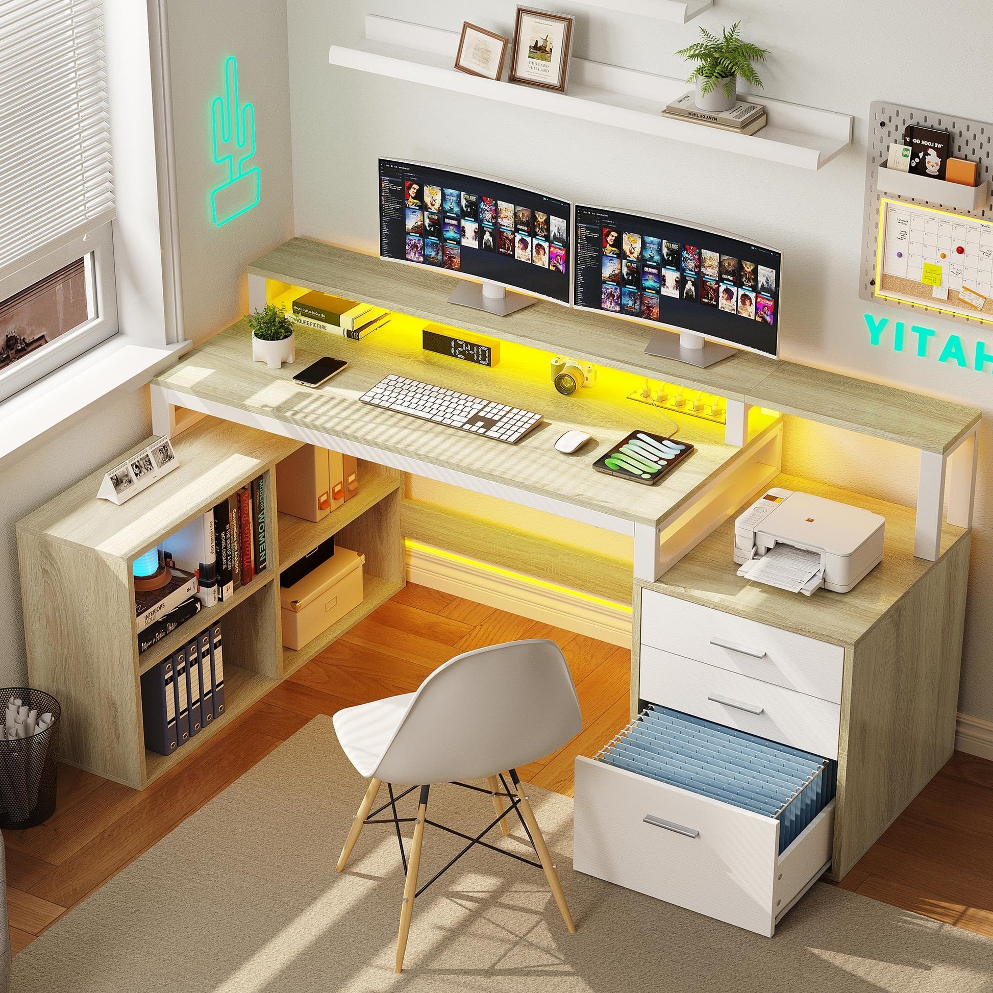 YITAHOME L Shaped Desk with 3 Drawers, 65" Corner Computer Desk with Power Outlets & LED Lights, L-Shaped Desk with File Cabinet & Printer Stand for Home Office, White & Oak - WoodArtSupply