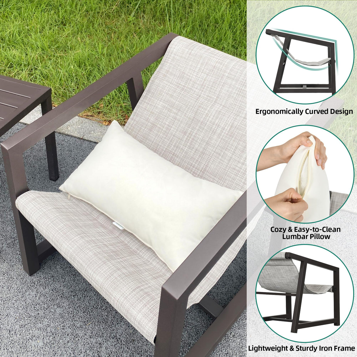 YITAHOME 3-Piece Outdoor Furniture Set, All-Weather Textile Patio Bistro Set with Pillows, Small Patio Conversation Set for Balcony Outside, Outdoor Sling Chairs and Side Table - Brown & Ivory YITAHOME