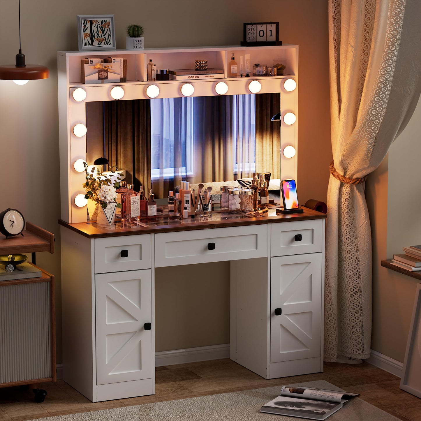 FURNJOYLIFE White Farmhouse Vanity Desk with Lighted Mirror & Charging Station, Makeup Vanity Dresser Table with 3 Lighting Modes Brightness Adjustable,Drawers,Shelves,Hair Dryer Stand for Be - WoodArtSupply