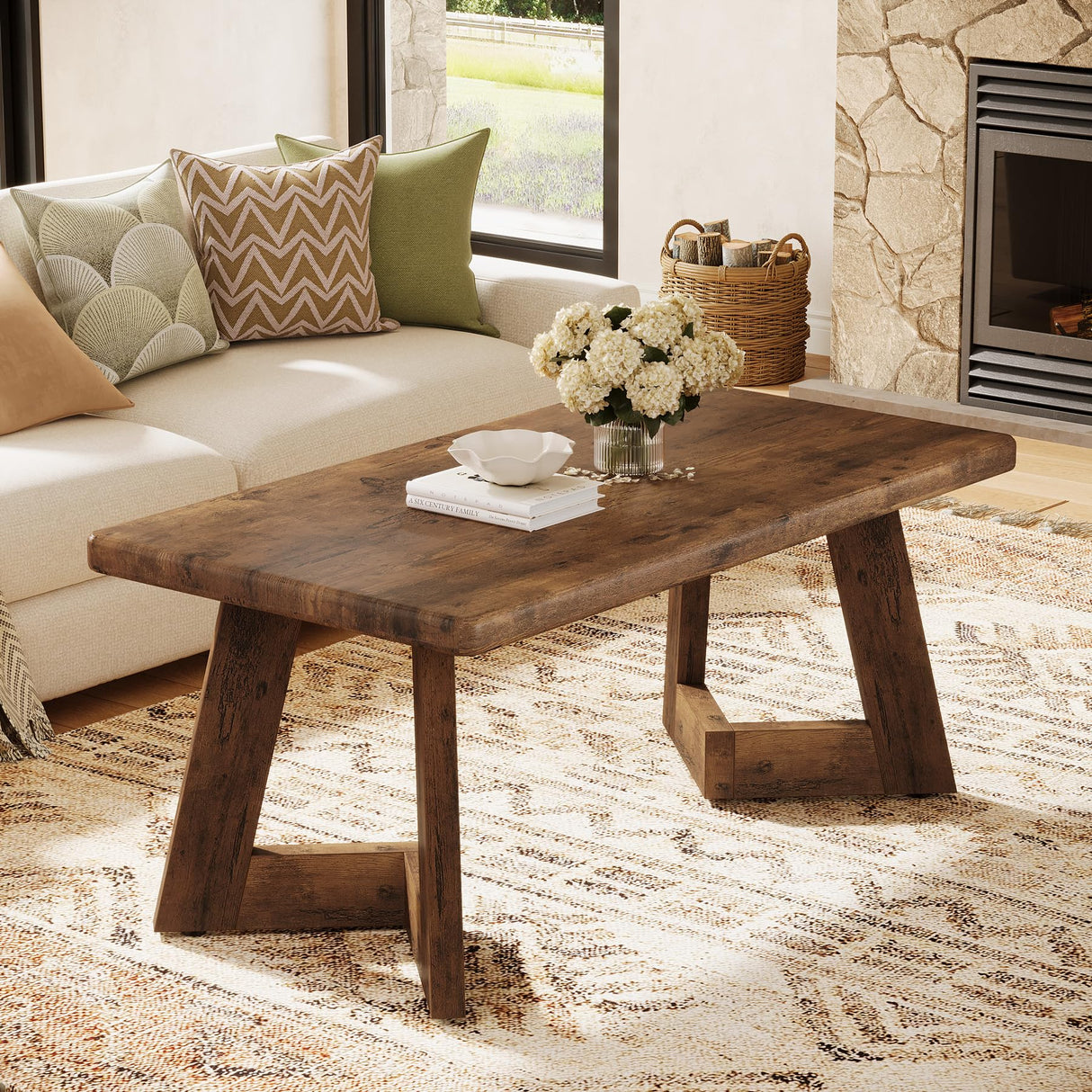 Tribesigns Coffee Table, Farmhouse Center Table with V-Shaped Legs, 47.2 x 23.6 Inches Rectangle Living Room Tables, Easy to Assemble, Rustic Brown Tribesigns