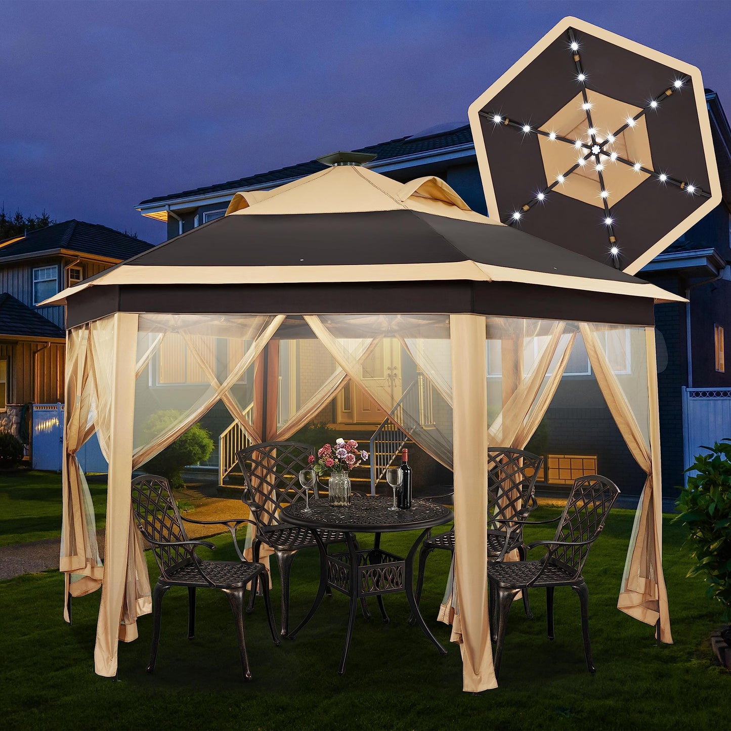 Yaheetech 13×13 Pop-Up Patio Gazebo Tent W/Mesh Netting Sides & 25 Solar LED Lights, Hexagonal Double Vented 3 Height Adjustable Gazebo with Storage - WoodArtSupply