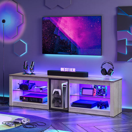 Bestier TV Stand for 70 inch TV, Gaming Entertainment Center for PS5, LED TV Cabinet with Glass Shelves for Living Room, 63'' Inch, White Wash Bestier