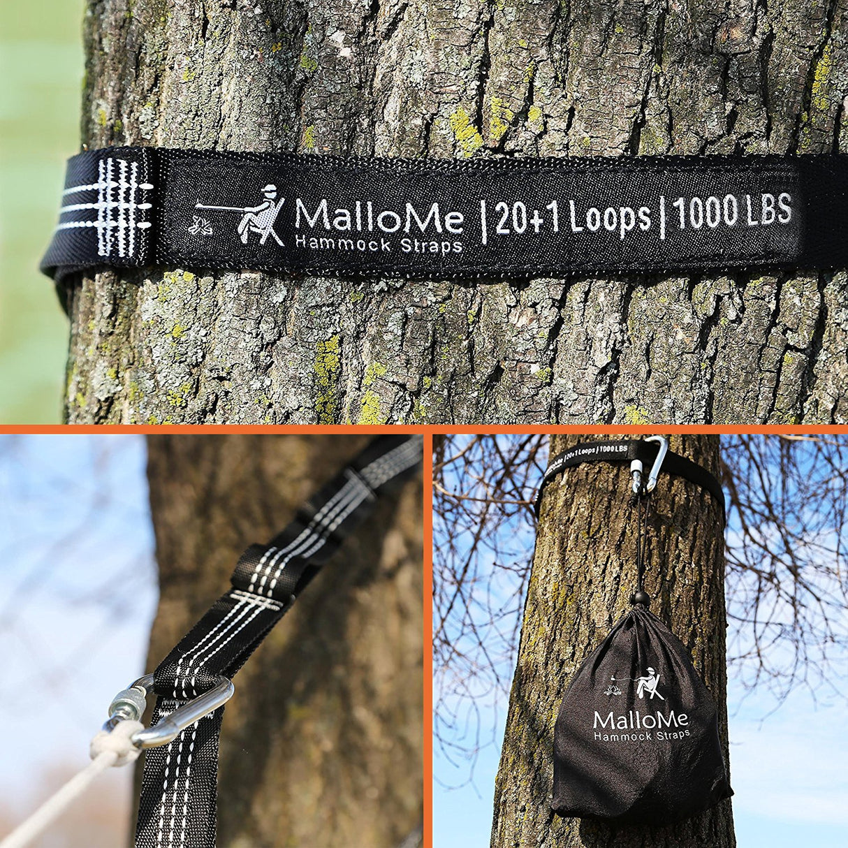 MalloMe XL Hammock Straps for Trees - Hammock Tree Straps Set 2000+ LBS Heavy Duty 40 Loops & 100% No Stretch Suspension System Kit - Camping Hammocks Accessories | 2 Carabiners | 12 Feet Black MalloMe