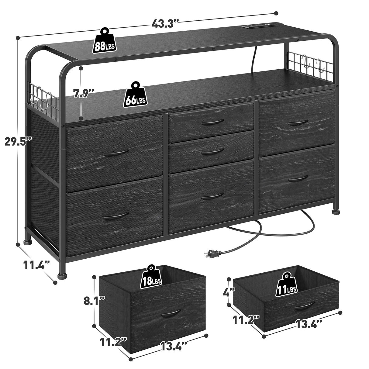 EnHomee Dresser for Bedroom, Black Dresser for Bedroom with 7 Drawers, Bedroom Dresser with LED Lights & Charging Station, Fabric Dressers & Chest of Drawers for Closet, TV Stand for 45" TV, 4 Hooks EnHomee