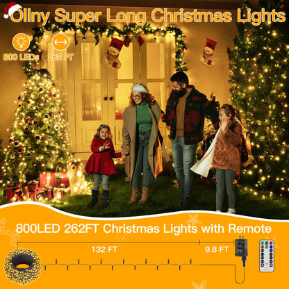 Ollny Christmas Lights 262FT 800LED, Plug-in Outside Tree Lights with Timer and 8 Modes, Remote Control Waterproof Dimmable Outdoor String Lights for House Yard Patio Xmas Decorations(Warm White)