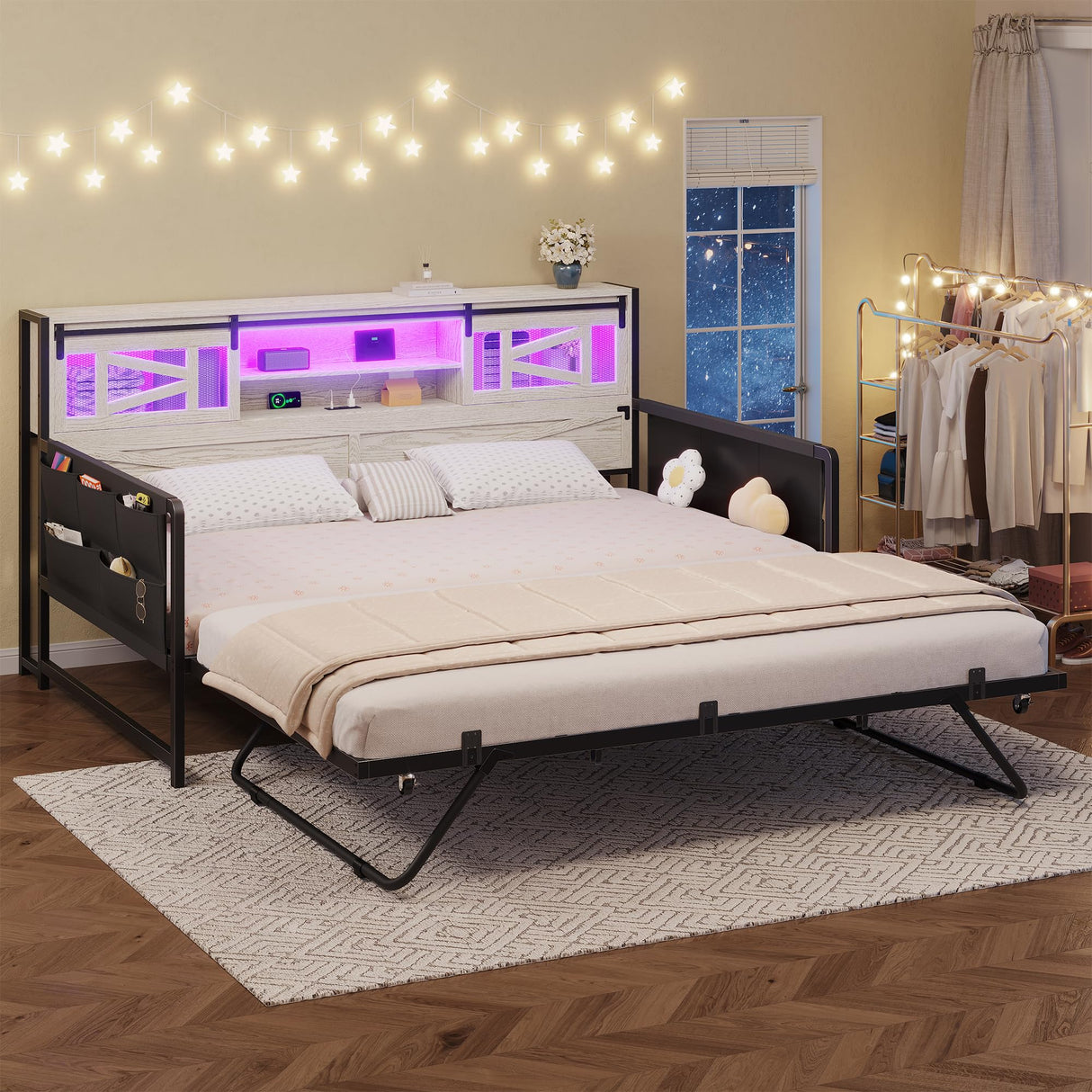 Dnxao Daybed with Trundle,Farmhouse Twin Bed Frame with 2-Tier Storage Shelves,LED Lights and Charging Station,Twin Sofa Daybed for Living Room,Bedroom and Guest Room,White Dnxao