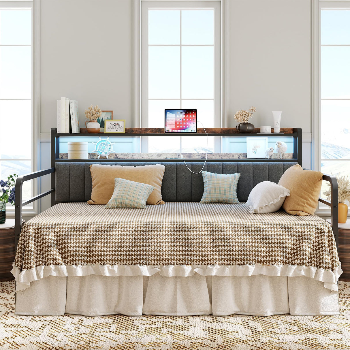 ANCTOR Daybed with Trundle, LED Lights and Charging Station, Full Size Daybed with 2-Tier Storage Shelves and Upholstered Headboard, Metal Sofa Bed Frame for Living Room, Bedroom, Black ANCTOR