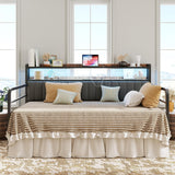 ANCTOR Daybed with Trundle, LED Lights and Charging Station, Full Size Daybed with 2-Tier Storage Shelves and Upholstered Headboard, Metal Sofa Bed Frame for Living Room, Bedroom, Black ANCTOR