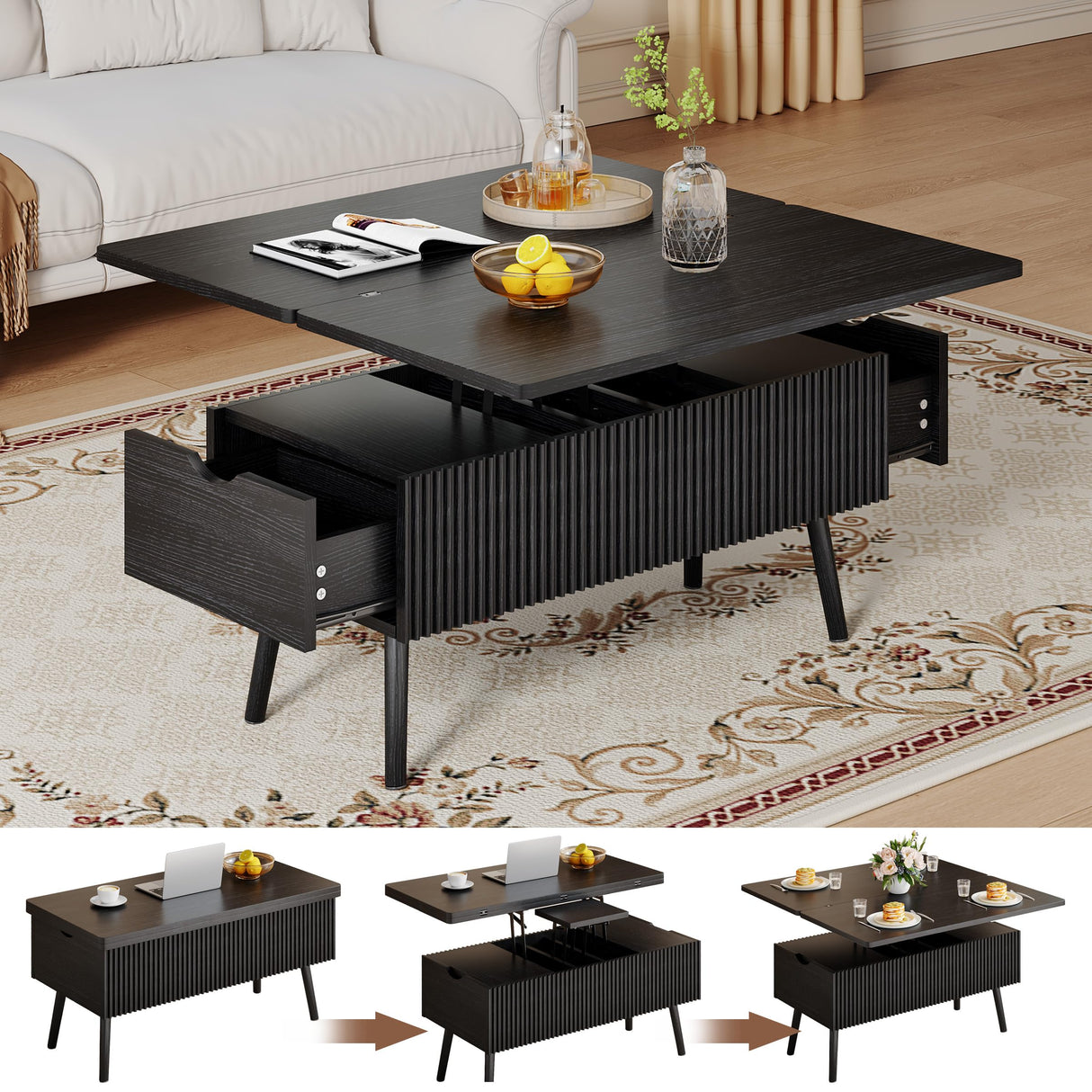 Cakhdry 40" Lift Top Coffee Table, 4 in 1 Multi-Function Coffee Tables with Storage Drawers and Expandable Desktop, Mid Century Modern Fluted Dining Table Center Table for Living Room, Black Cakhdry